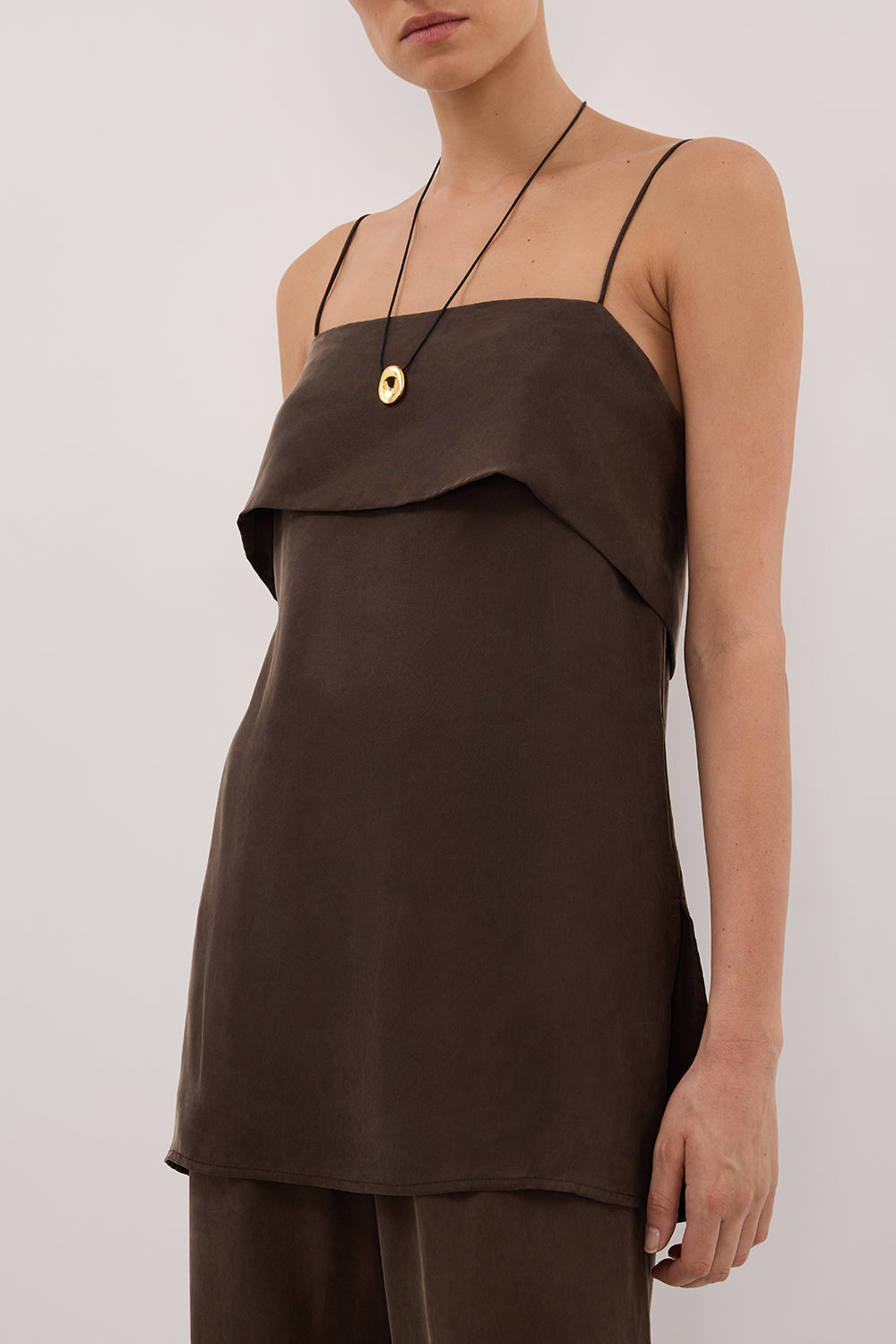 IDA BITTER CHOC SLEEVELESS FOLDOVER CAMI TOP