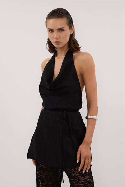 HAYLEE BLACK SLEEVELESS LINEN COWL TOP