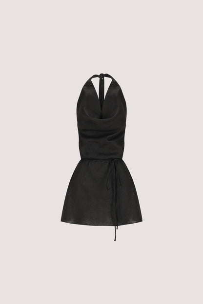 HAYLEE BLACK SLEEVELESS LINEN COWL TOP