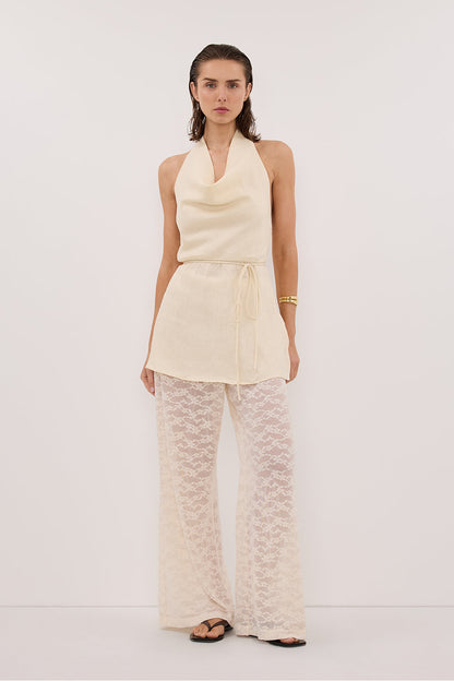 HAYLEE STRAW SLEEVELESS LINEN COWL TOP