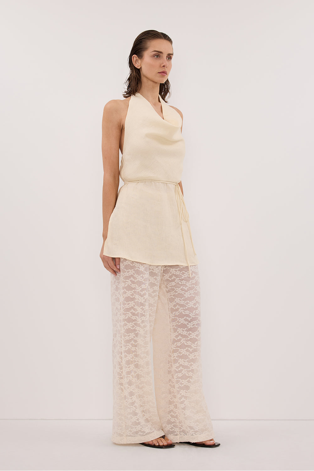 HAYLEE STRAW SLEEVELESS LINEN COWL TOP