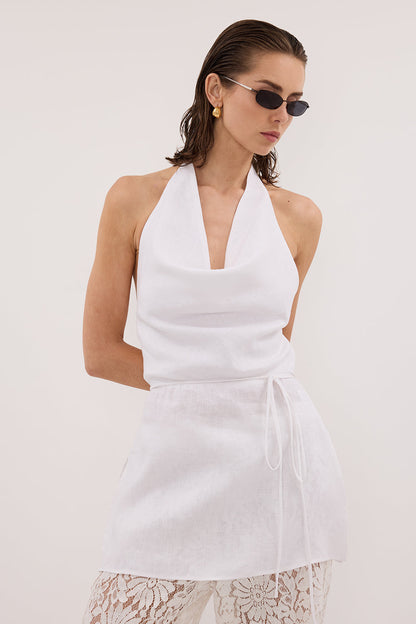 HAYLEE WHITE SLEEVELESS LINEN COWL TOP