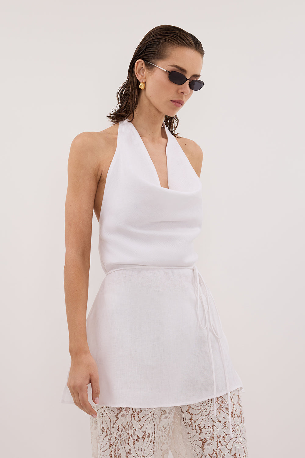 HAYLEE WHITE SLEEVELESS LINEN COWL TOP