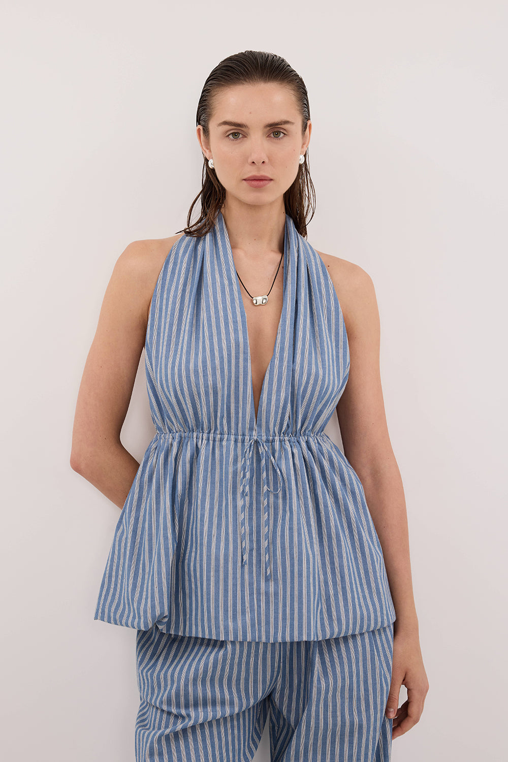 GRACIE BLUE STRIPE HALTER TOP