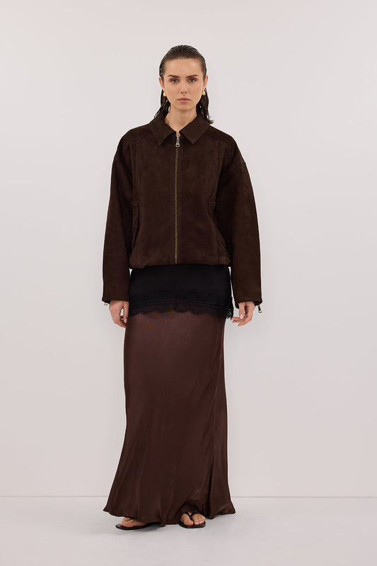 CHARLI BITTER CHOC SATIN MAXI SKIRT