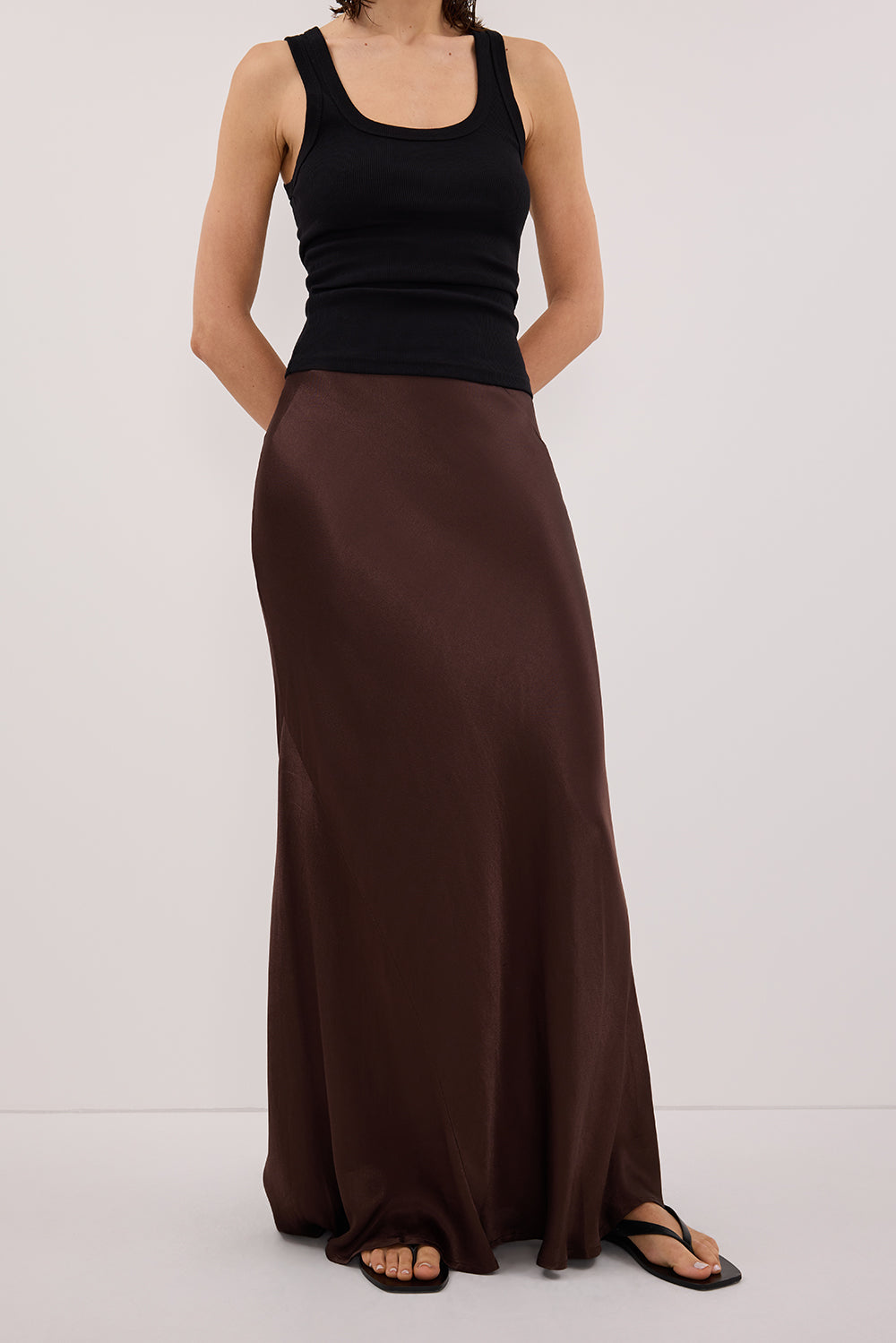 CHARLI BITTER CHOC SATIN MAXI SKIRT
