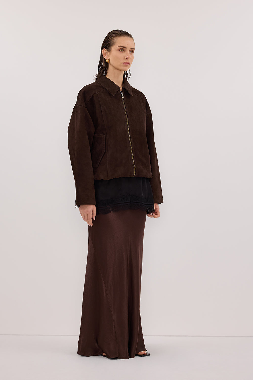 CHARLI BITTER CHOC SATIN MAXI SKIRT