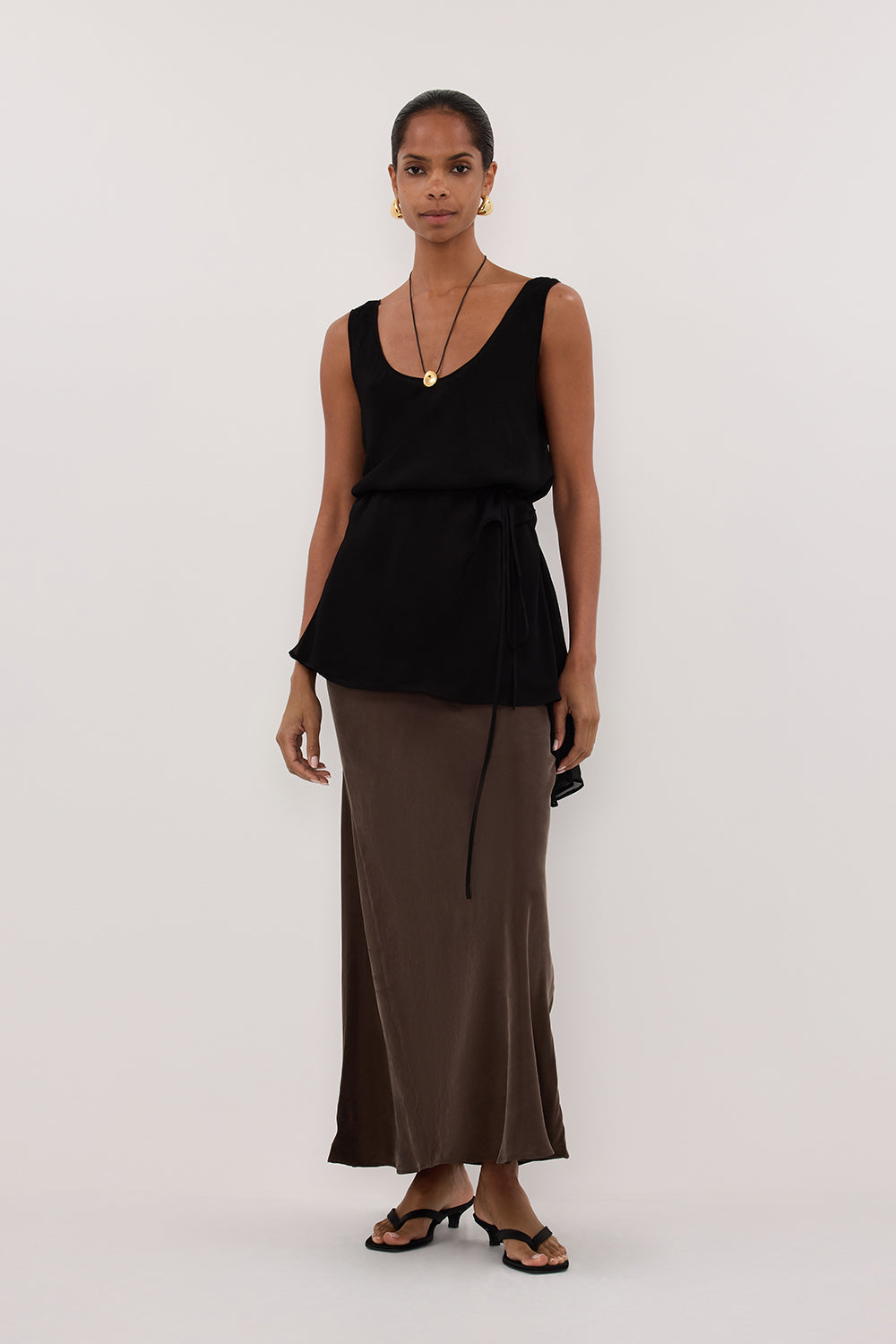 CONNIE BITTER CHOC CUPRO MAXI SKIRT