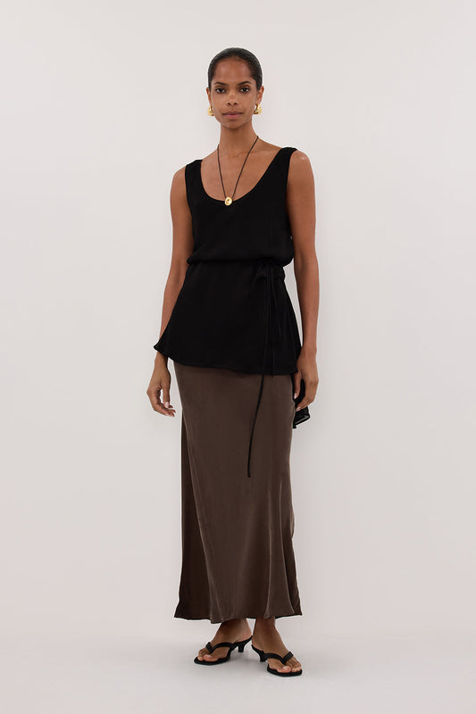 CONNIE BITTER CHOC CUPRO MAXI SKIRT