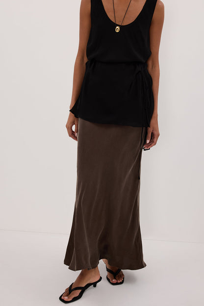 CONNIE BITTER CHOC CUPRO MAXI SKIRT
