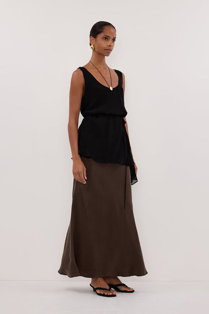 CONNIE BITTER CHOC CUPRO MAXI SKIRT