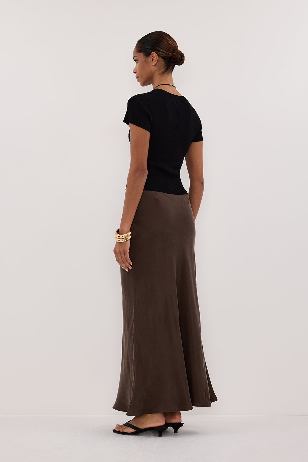CONNIE BITTER CHOC CUPRO MAXI SKIRT