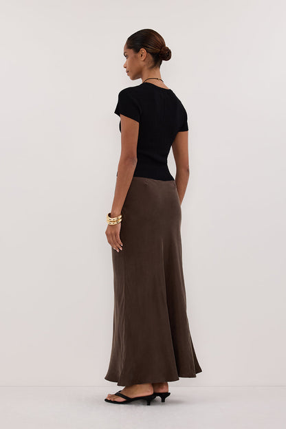 CONNIE BITTER CHOC CUPRO MAXI SKIRT
