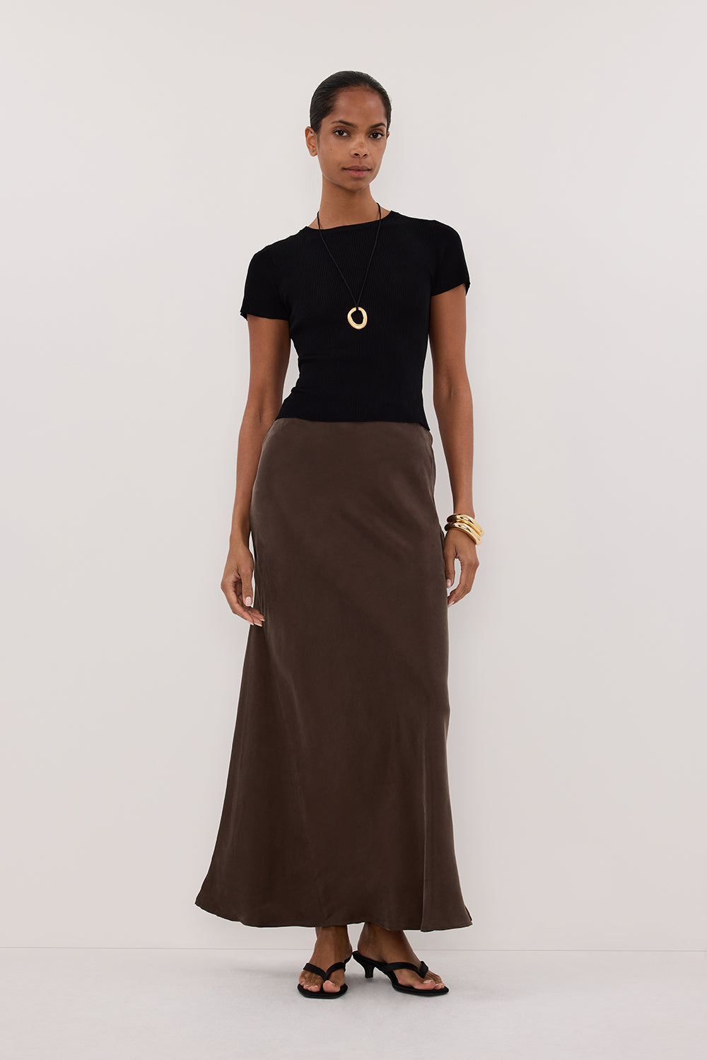 CONNIE BITTER CHOC CUPRO MAXI SKIRT