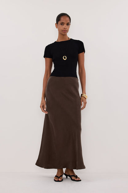 CONNIE BITTER CHOC CUPRO MAXI SKIRT