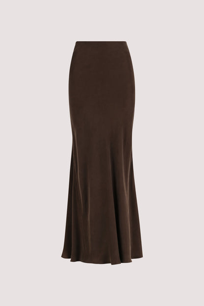 CONNIE BITTER CHOC CUPRO MAXI SKIRT