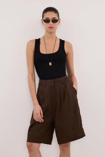 KAYLA BITTER CHOC LINEN BERMUDA SHORT
