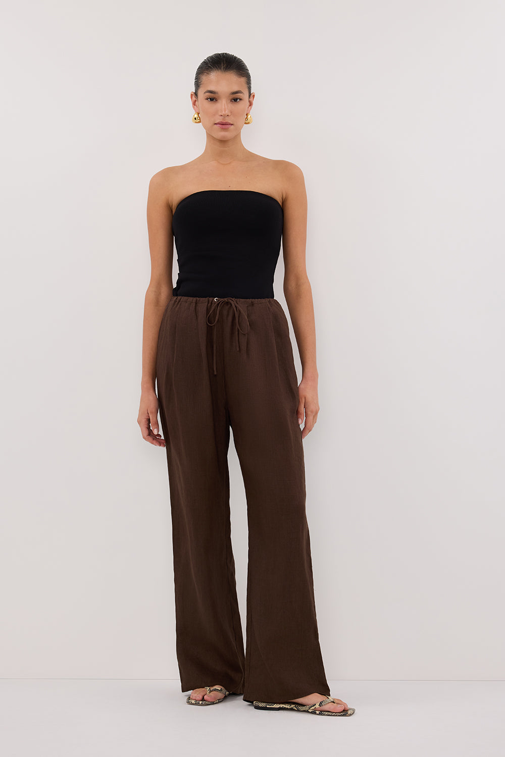 CARLA BITTER CHOC DRAWSTRING LINEN PANT