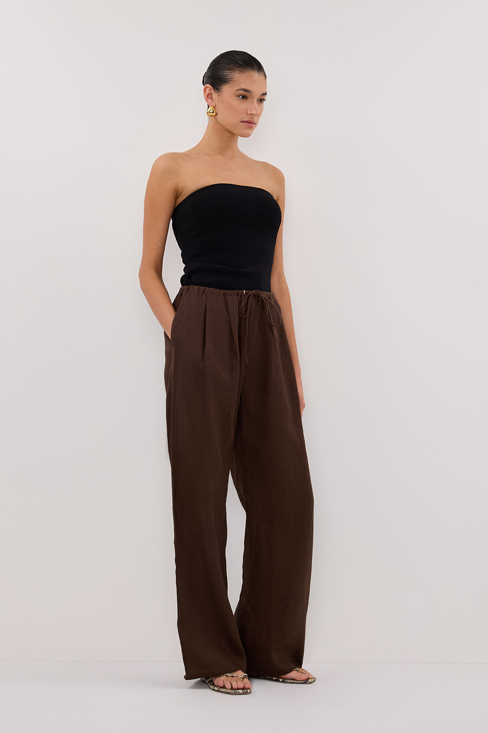 CARLA BITTER CHOC DRAWSTRING LINEN PANT