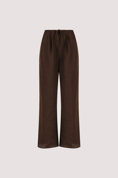 CARLA BITTER CHOC DRAWSTRING LINEN PANT