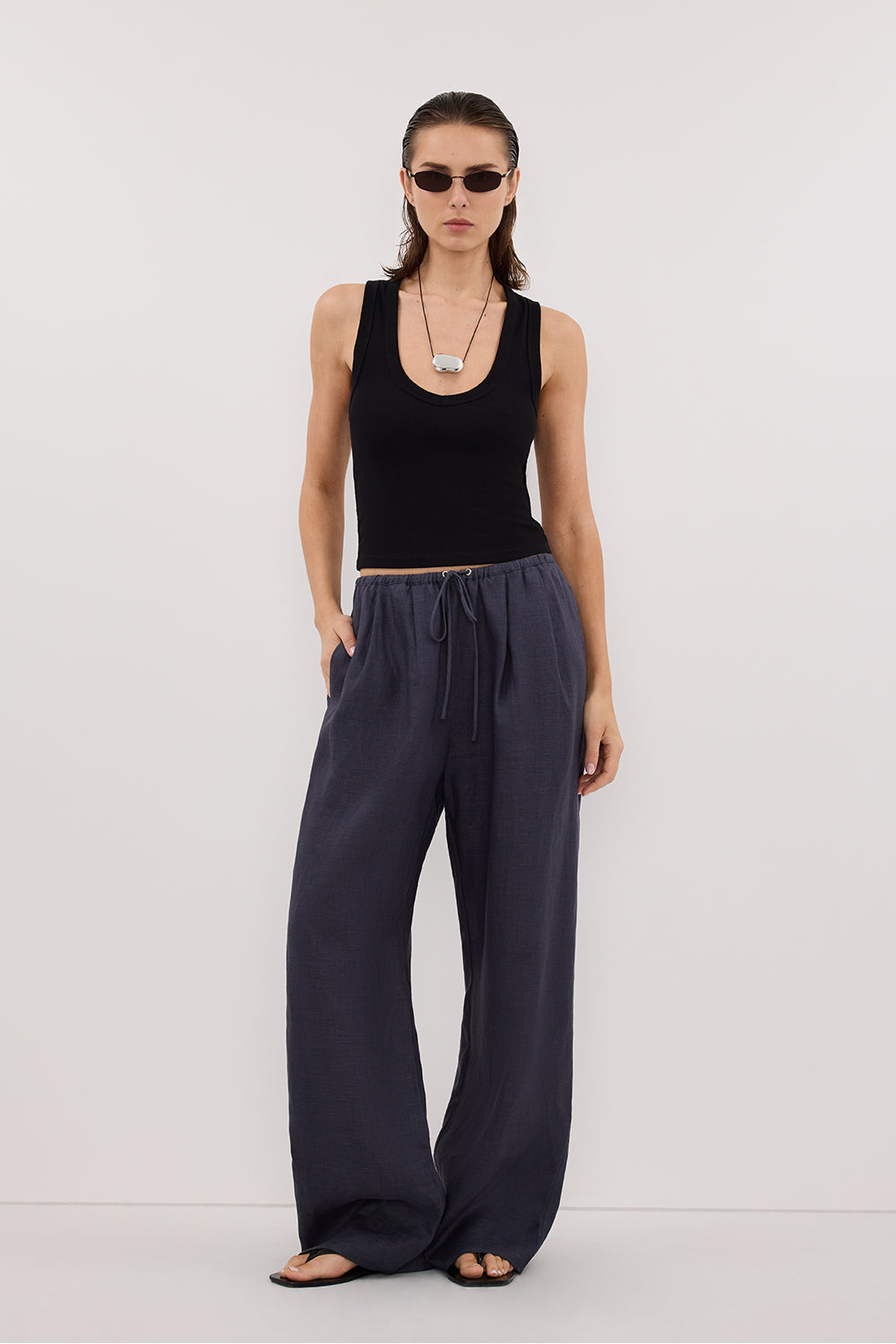 CARLA INDIGO DRAWSTRING LINEN PANT