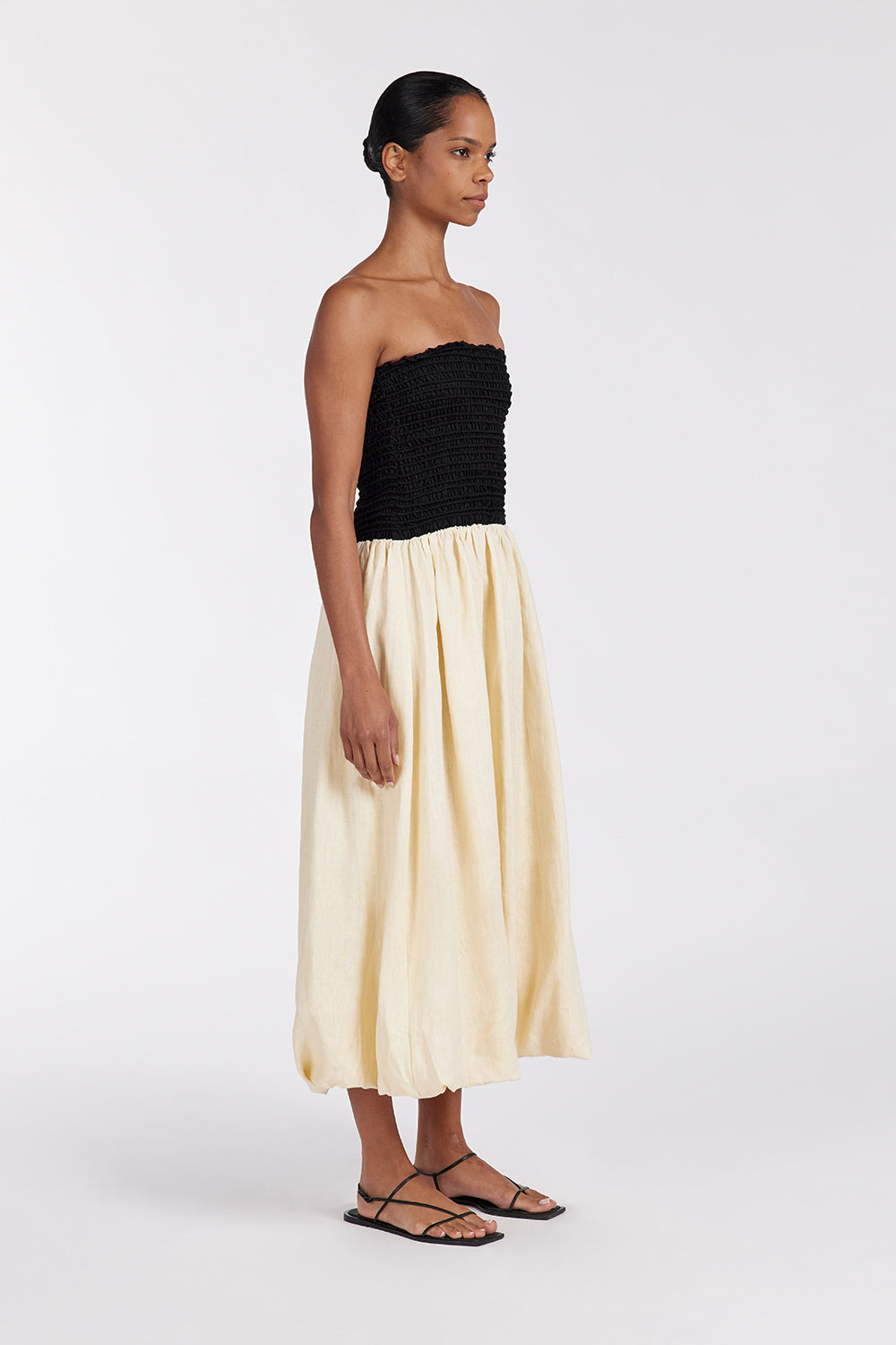 LEN BLACK STRAPLESS MIDI DRESS