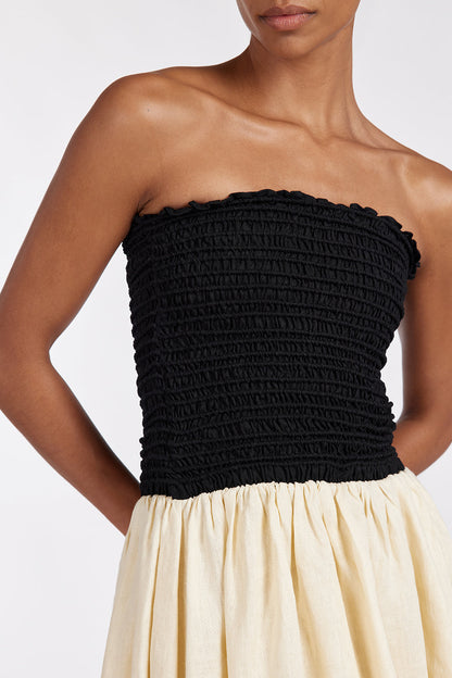 LEN BLACK STRAPLESS MIDI DRESS