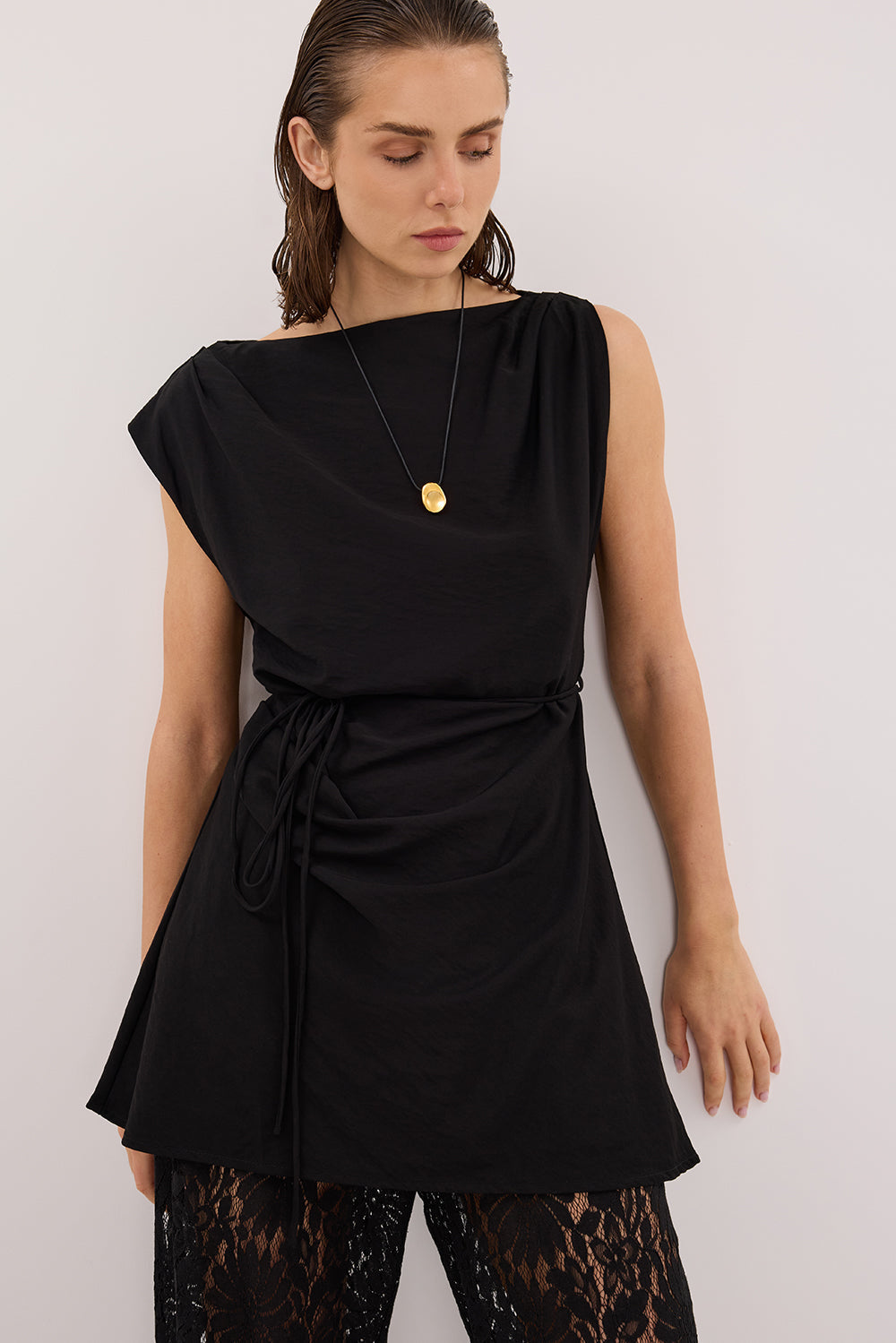 MARMO BLACK DRAPED MINI DRESS