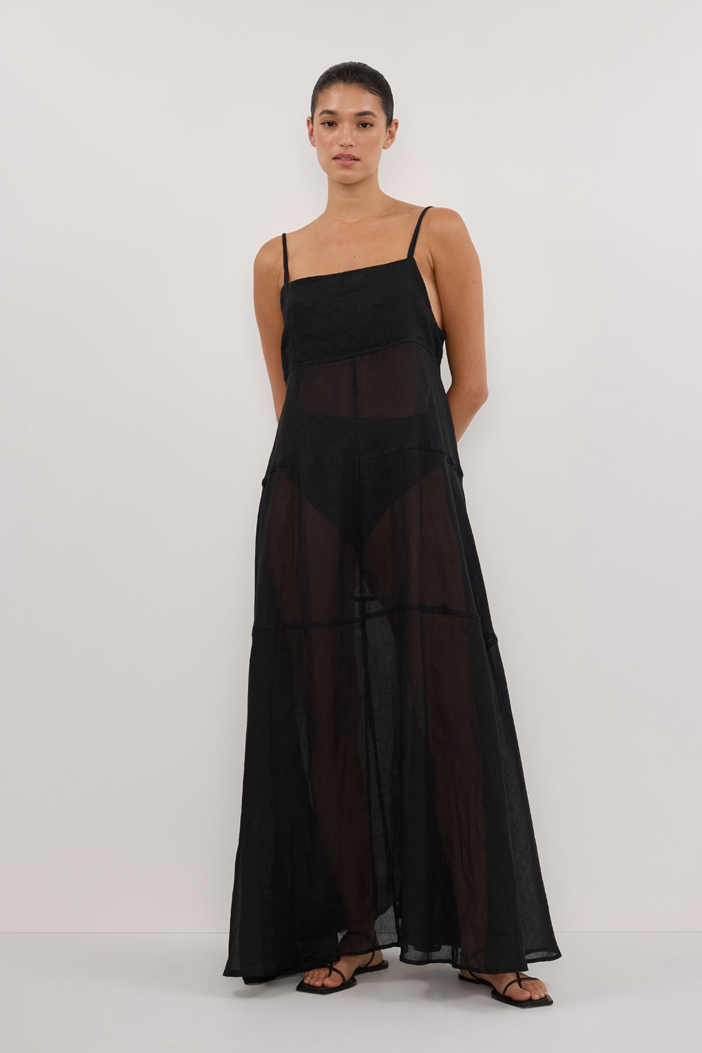 TINA BLACK RAMIE HIGH NECK MIDI DRESS