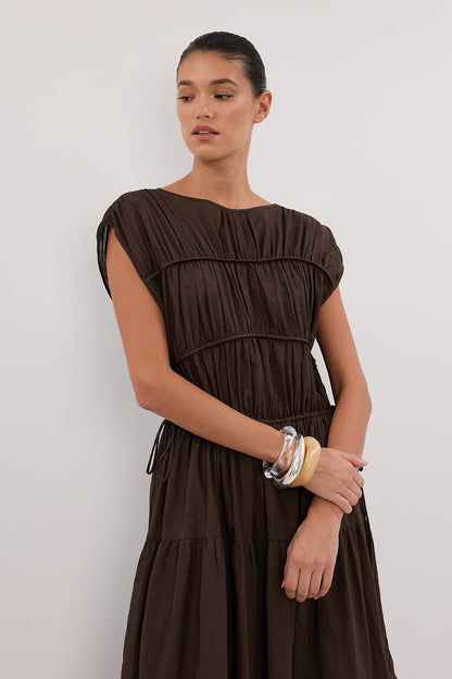 FLYNN BITTER CHOC LINEN BLEND MIDI DRESS