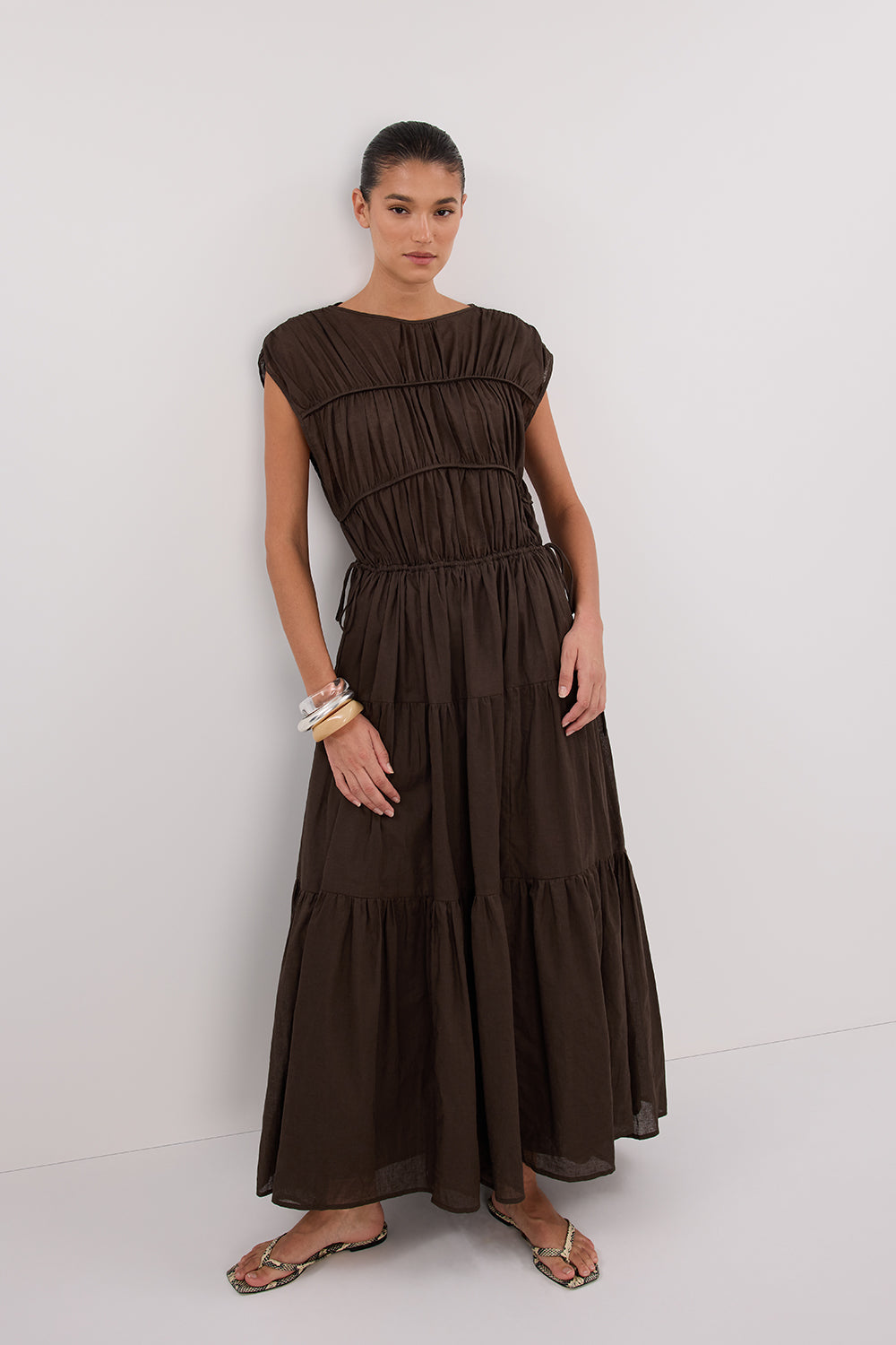 FLYNN BITTER CHOC LINEN BLEND MIDI DRESS