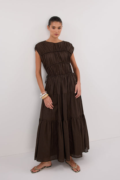 FLYNN BITTER CHOC LINEN BLEND MIDI DRESS