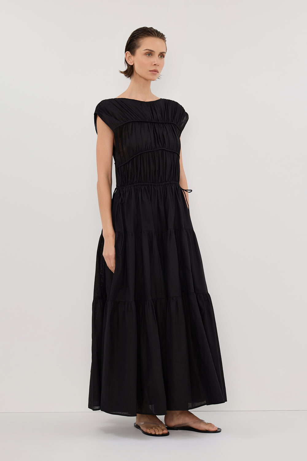 FLYNN BLACK LINEN BLEND MIDI DRESS