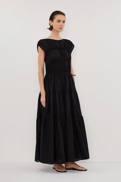 FLYNN BLACK LINEN BLEND MIDI DRESS
