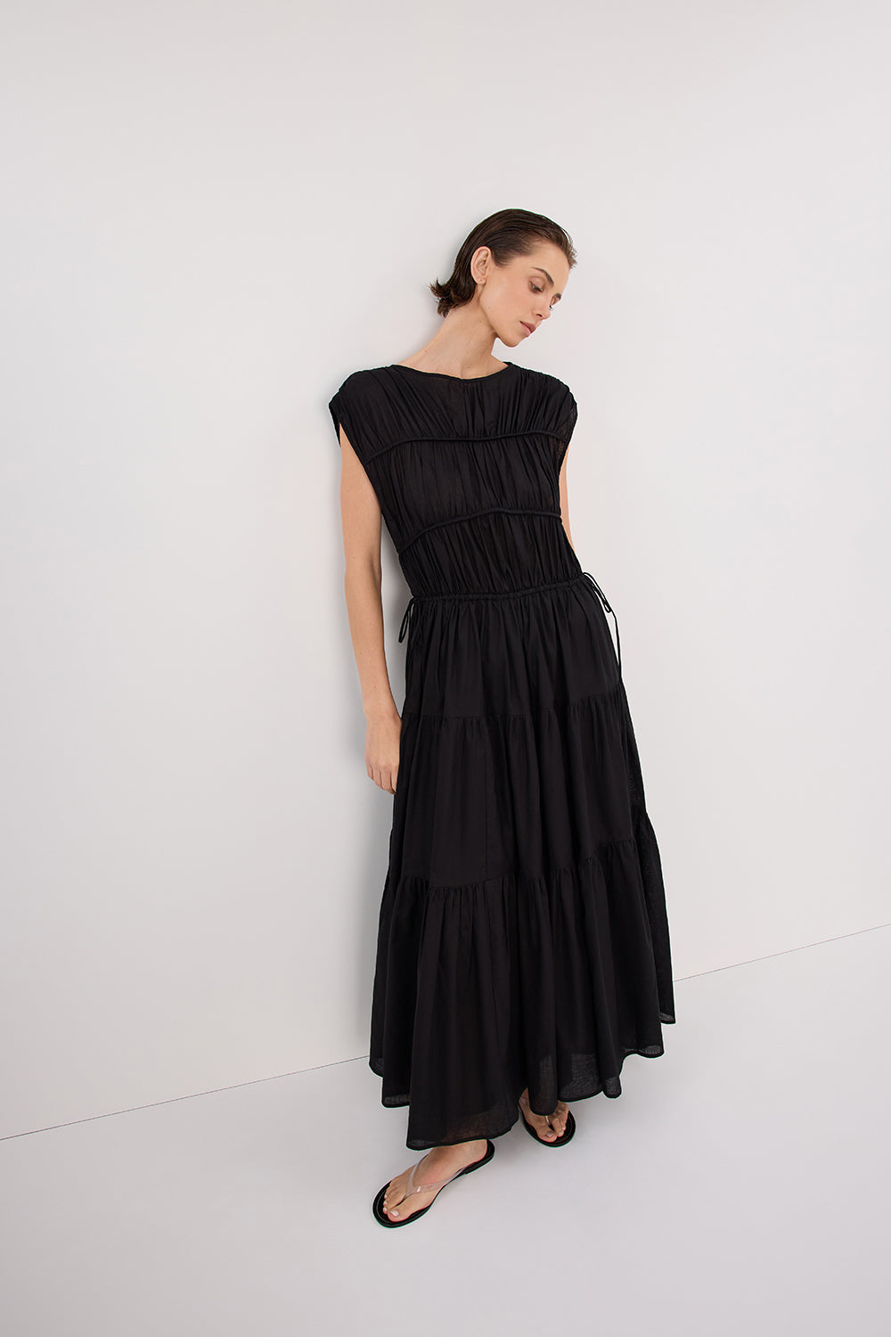 FLYNN BLACK LINEN BLEND MIDI DRESS