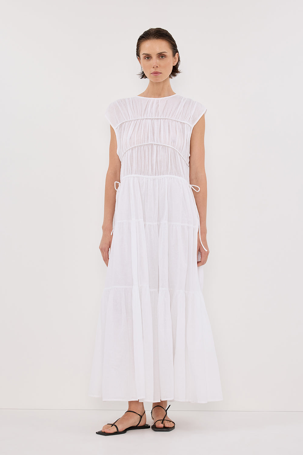 FLYNN WHITE LINEN BLEND MIDI DRESS