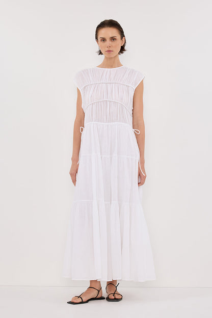 FLYNN WHITE LINEN BLEND MIDI DRESS