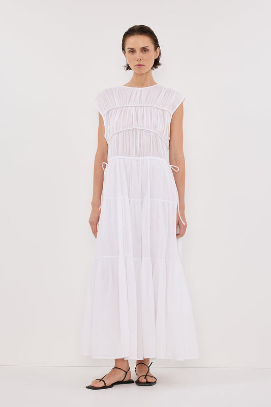FLYNN WHITE LINEN BLEND MIDI DRESS