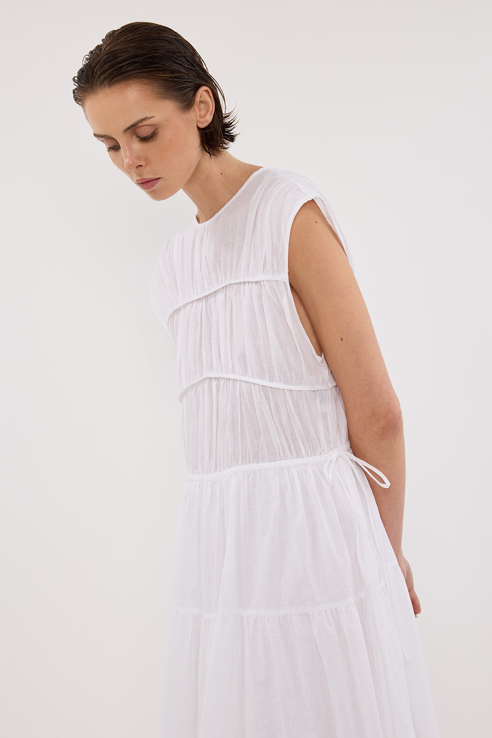 FLYNN WHITE LINEN BLEND MIDI DRESS