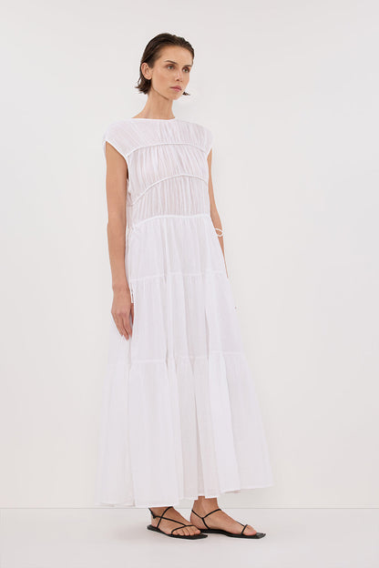 FLYNN WHITE LINEN BLEND MIDI DRESS