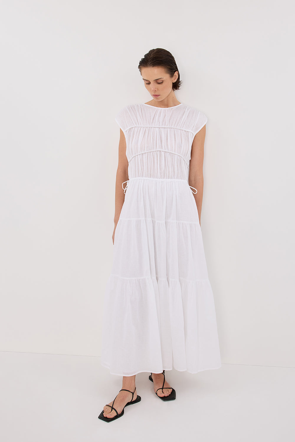 FLYNN WHITE LINEN BLEND MIDI DRESS