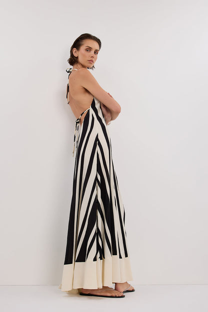 BEAU BLACK STRIPE HALTER MIDI DRESS