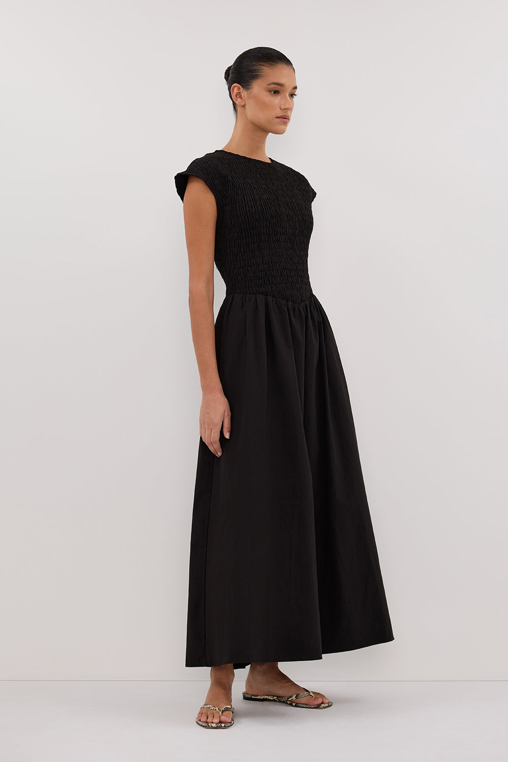 ROMA BLACK CAP SLEEVE MIDI DRESS
