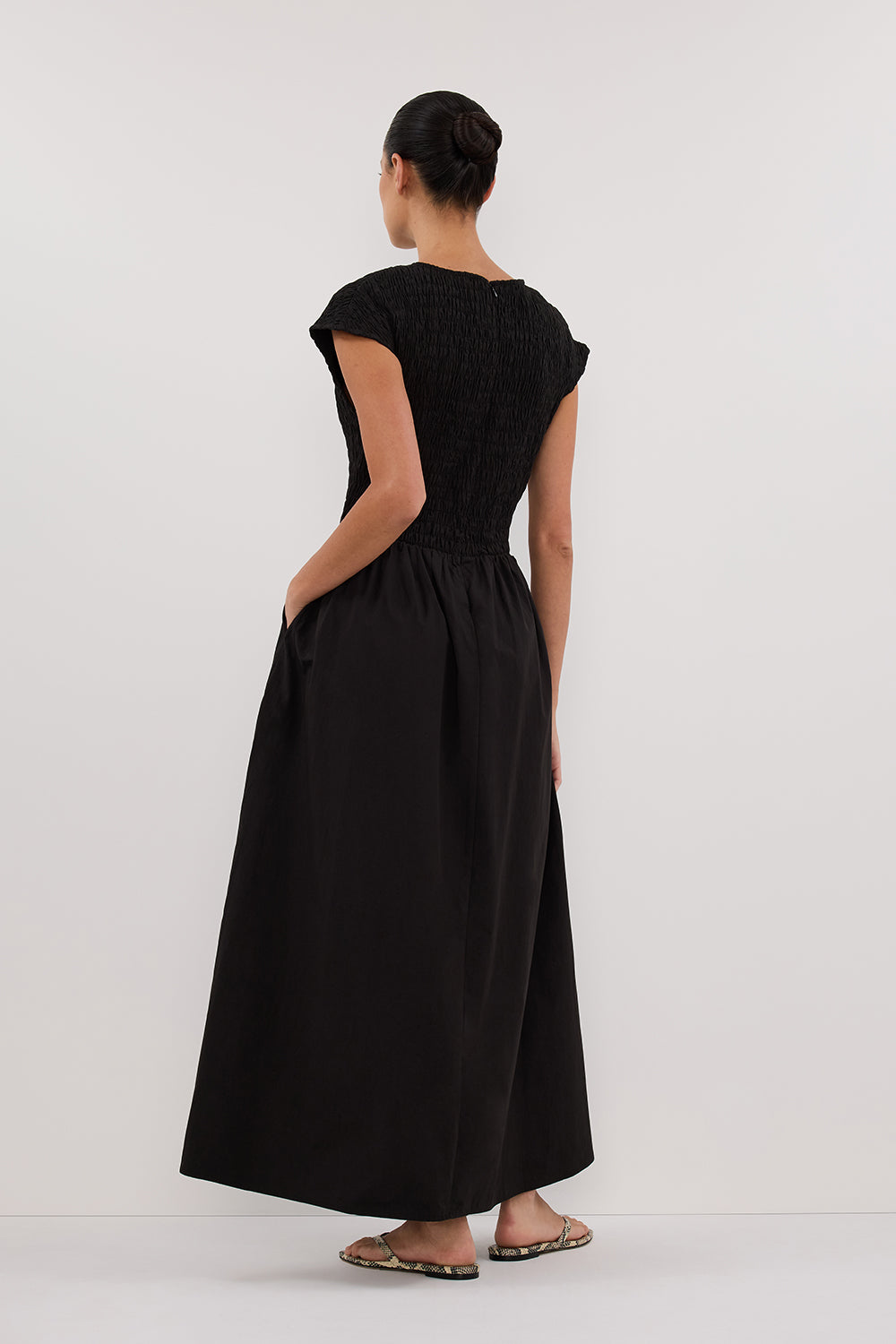 ROMA BLACK CAP SLEEVE MIDI DRESS