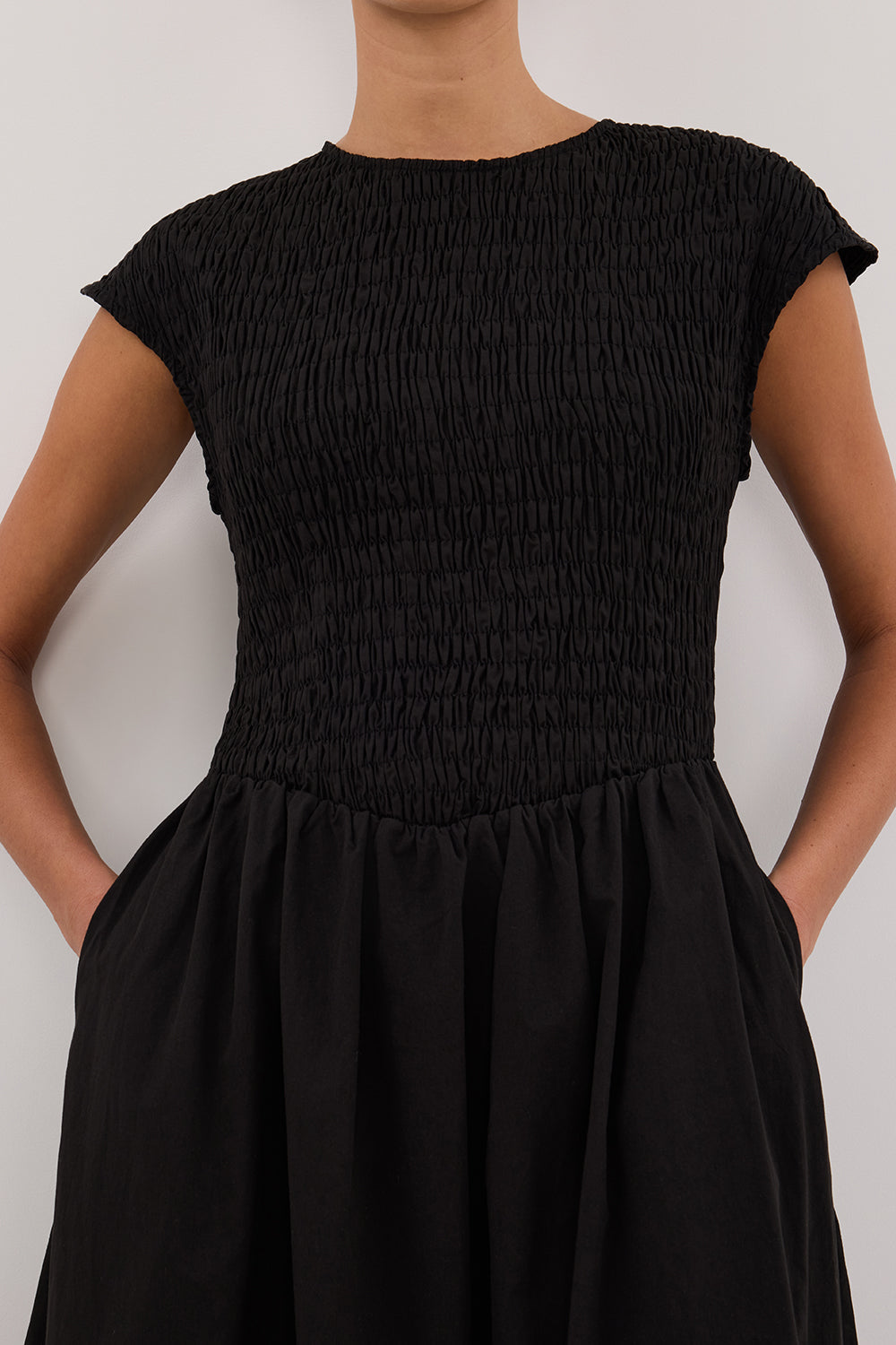 ROMA BLACK CAP SLEEVE MIDI DRESS