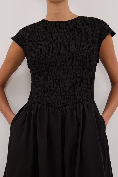 ROMA BLACK CAP SLEEVE MIDI DRESS