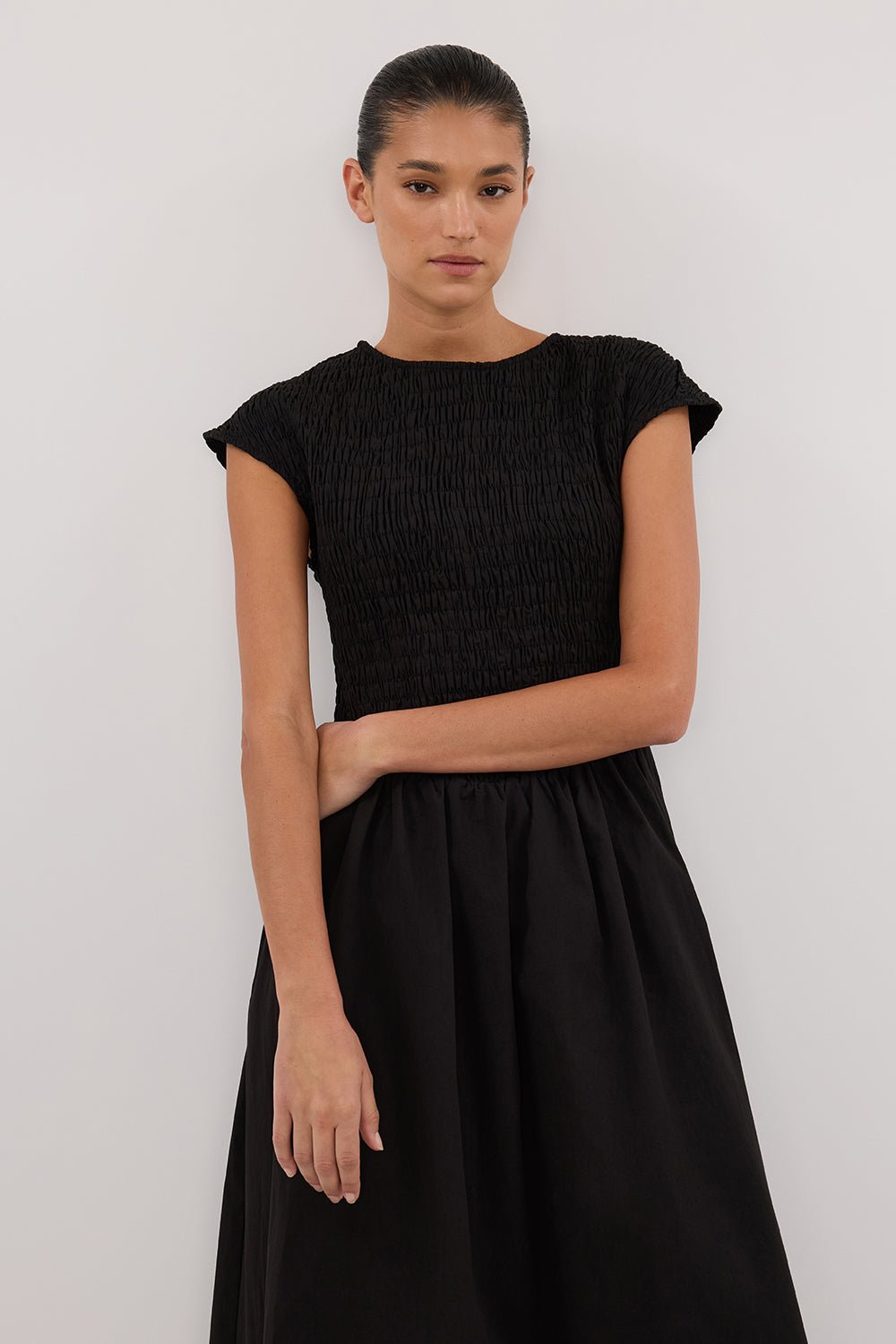 ROMA BLACK CAP SLEEVE MIDI DRESS
