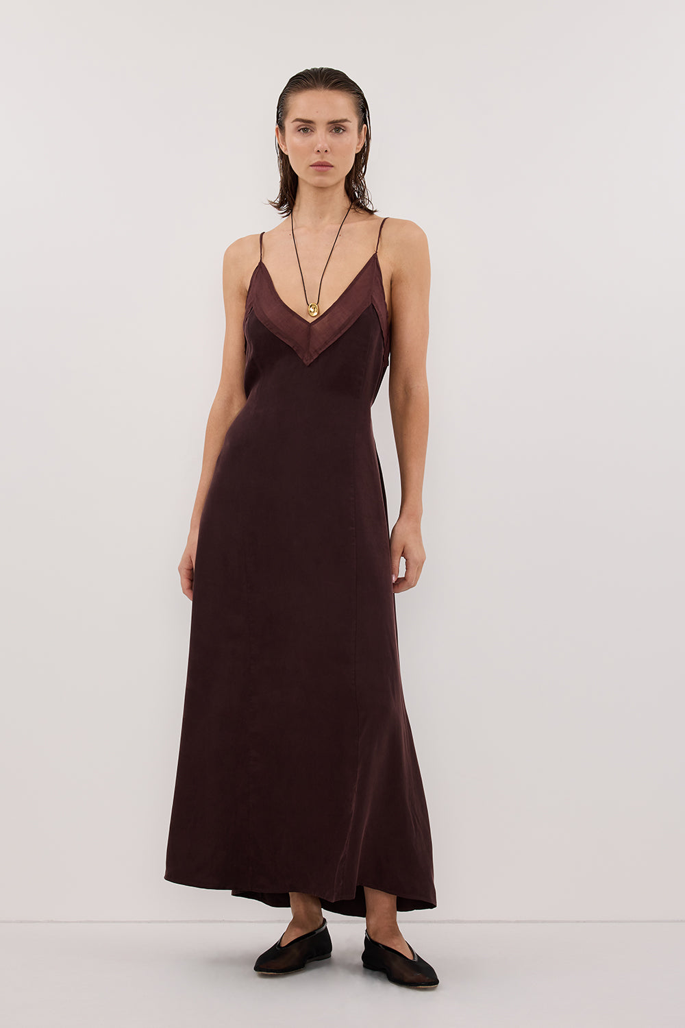 MILLIE WALNUT CUPRO SLEEVELESS MIDI DRESS