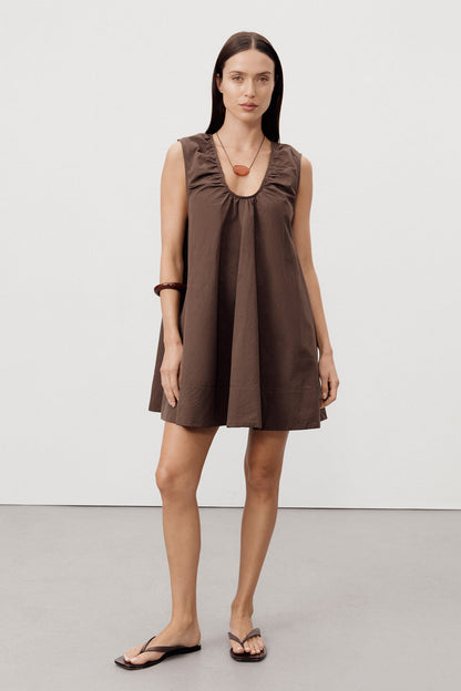 GABBY BITTER CHOC OVERSIZED COTTON MINI DRESS