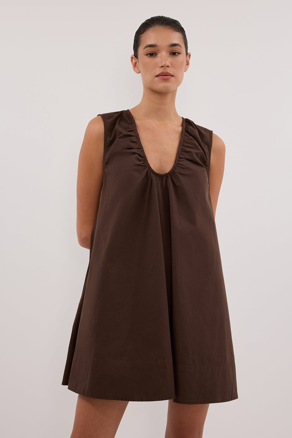 GABBY BITTER CHOC OVERSIZED COTTON MINI DRESS
